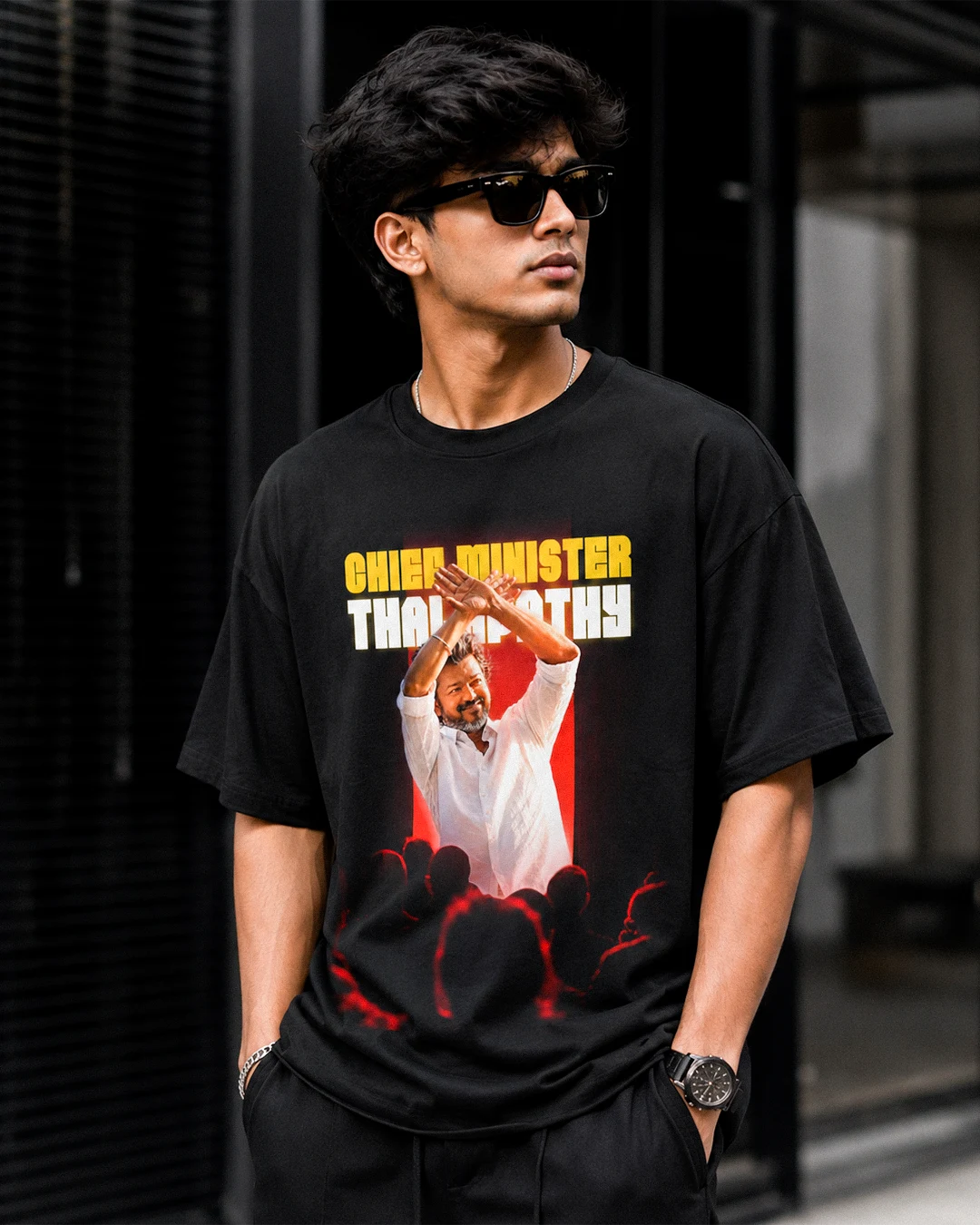 NoFilterClub black Chief Minister Thalapathy oversized graphic t-shirt