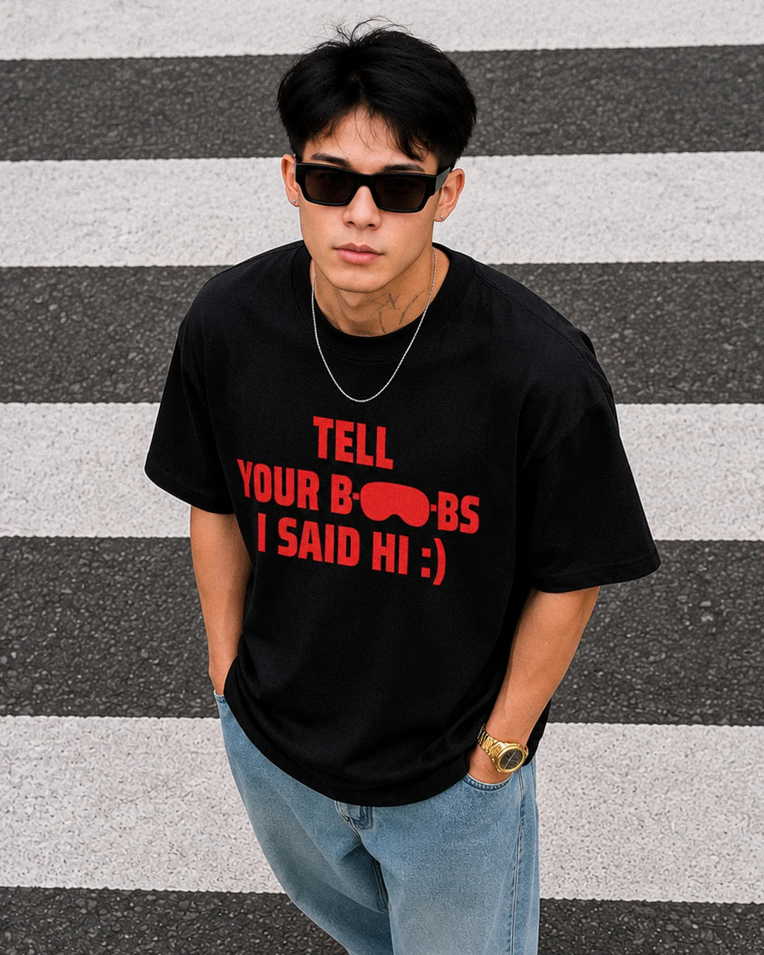 Black oversized graphic t-shirt with bold typography print